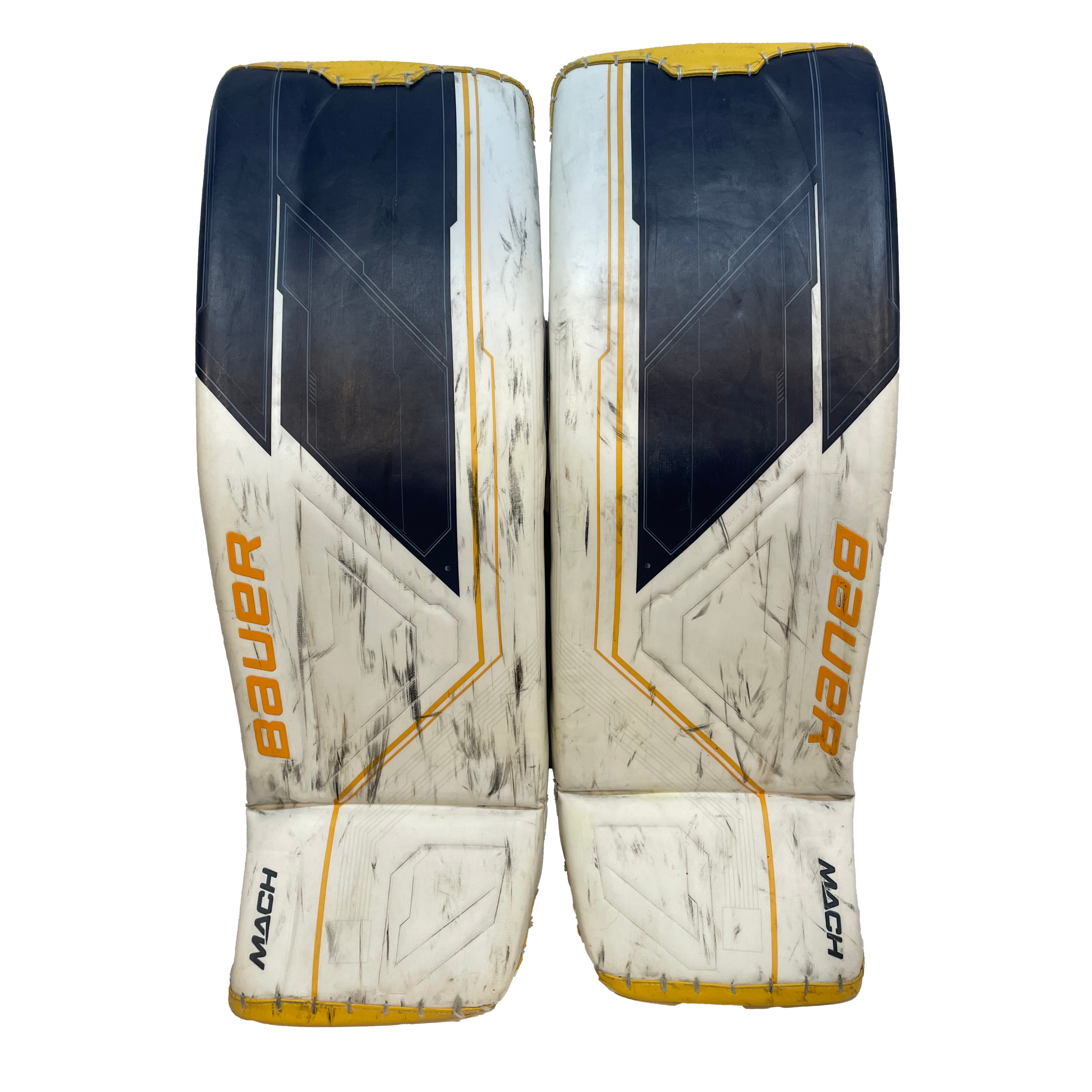 Bauer Supreme Mach - Jambières de gardien de but Pro Stock d'occasion (blanc/bleu marine/jaune)